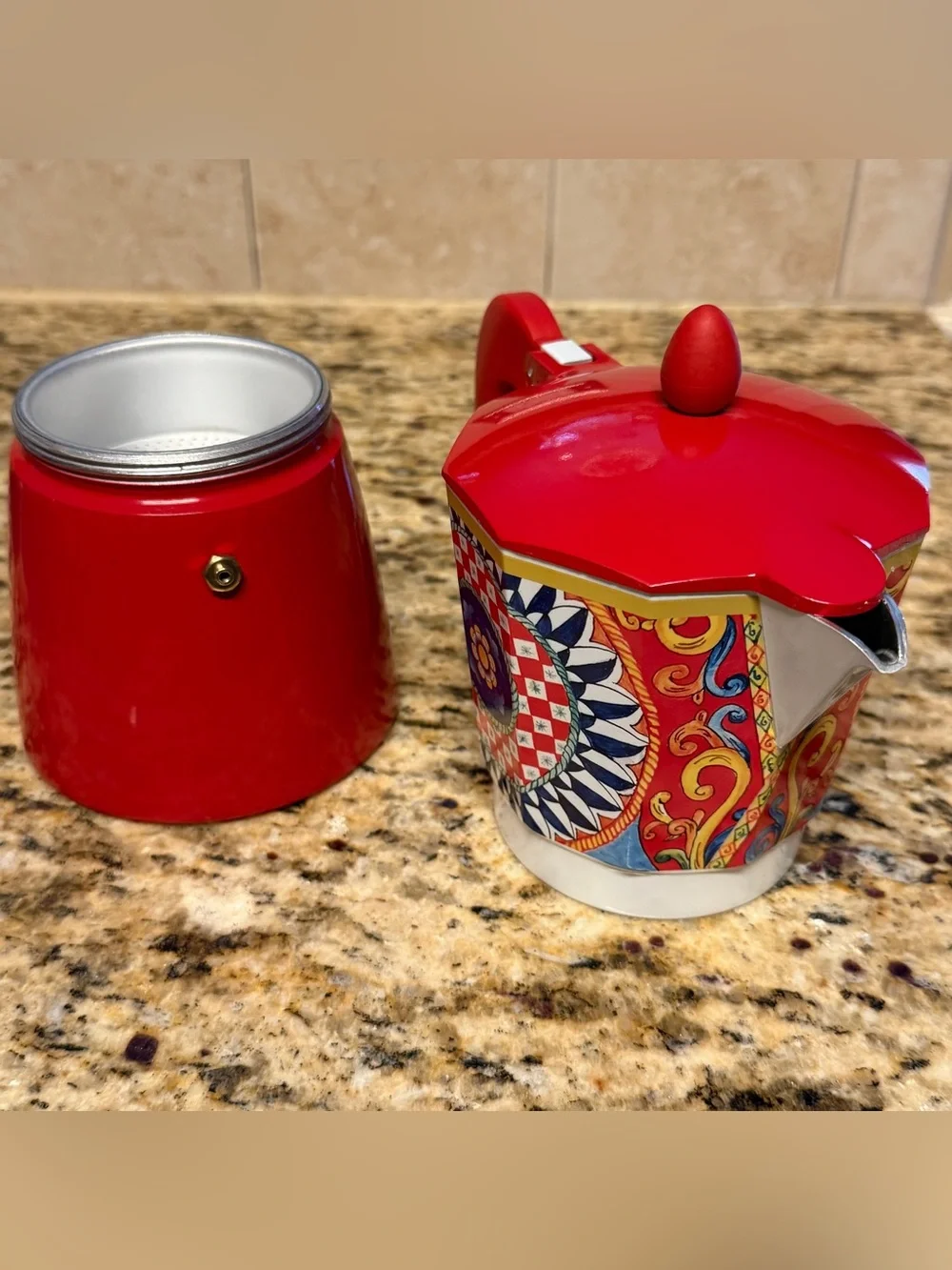 NEW Brandani 9 Cup Italian Coffee Maker Aluminum Moka Pot Sicilian Pattern Red